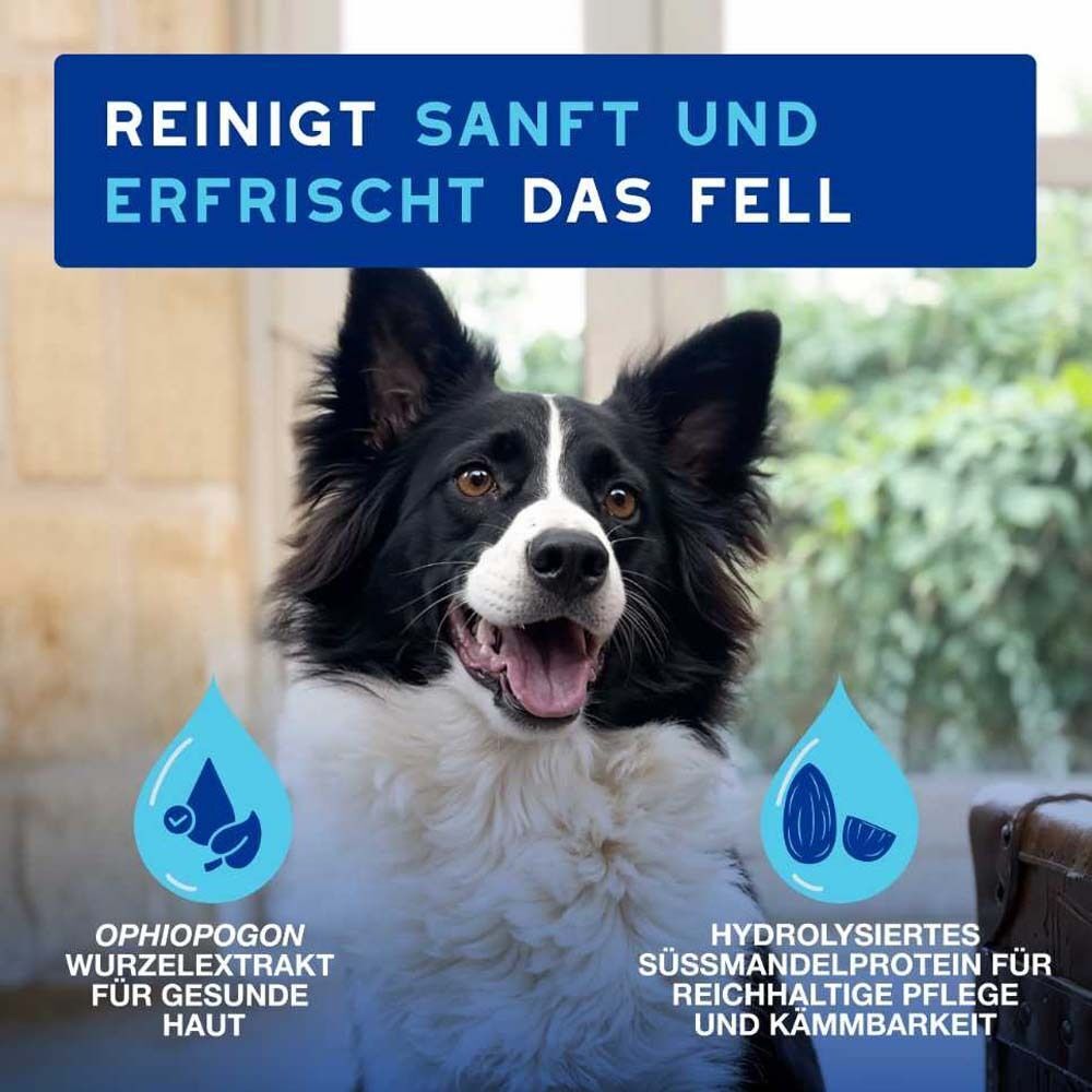 Ein Hund mit offenem Maul. Text: Reinigt sanft und erfrischt das Fell. Tropfen mit Inhaltsstoff-Illustrationen: Ophiopogon, Süßmandelprotein.