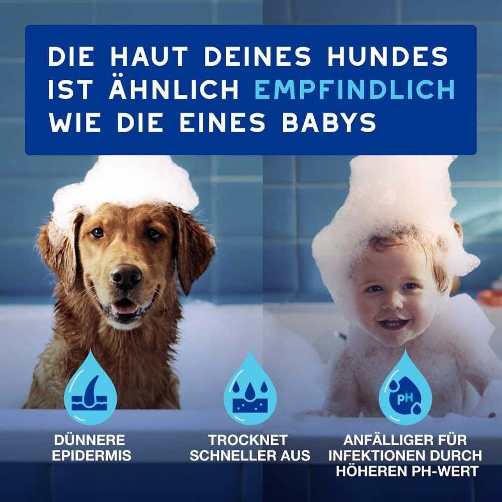 Ein Hund und ein Baby in einer Badewanne mit Schaum. Text: Die Haut deines Hundes ist ähnlich empfindlich wie die eines Babys.