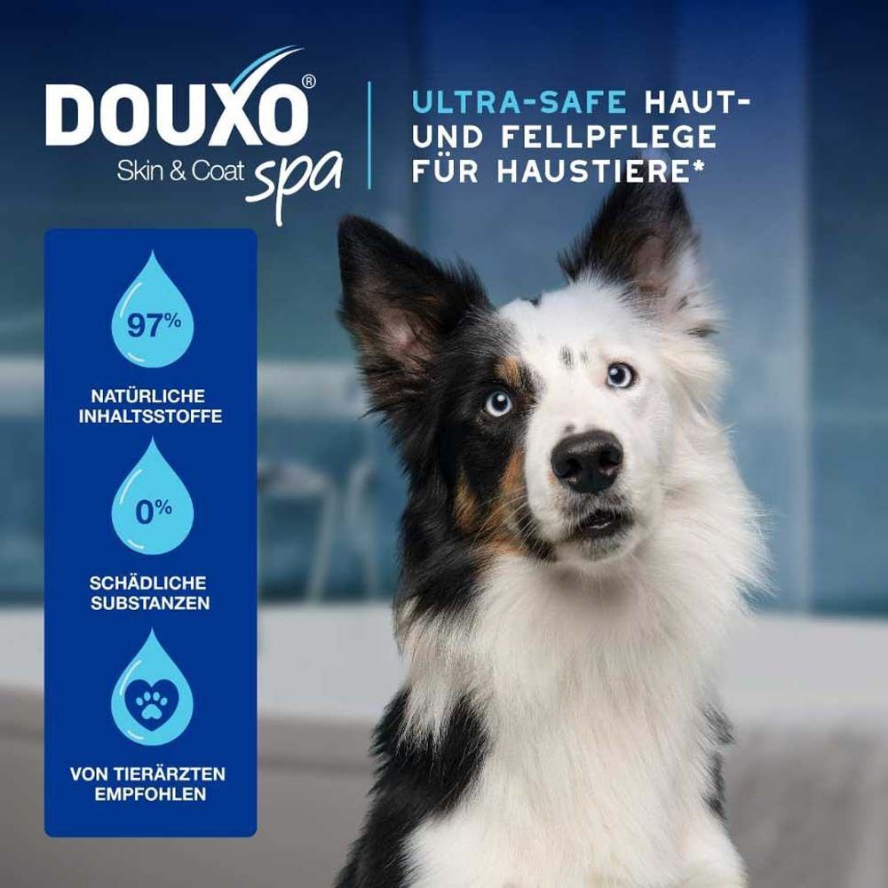 Ein Hund mit blauem Hintergrund. Text: Ultra-safe Haut- und Fellpflege für Haustiere. Logos: 97% natürliche Inhaltsstoffe, 0% schädliche Substanzen.