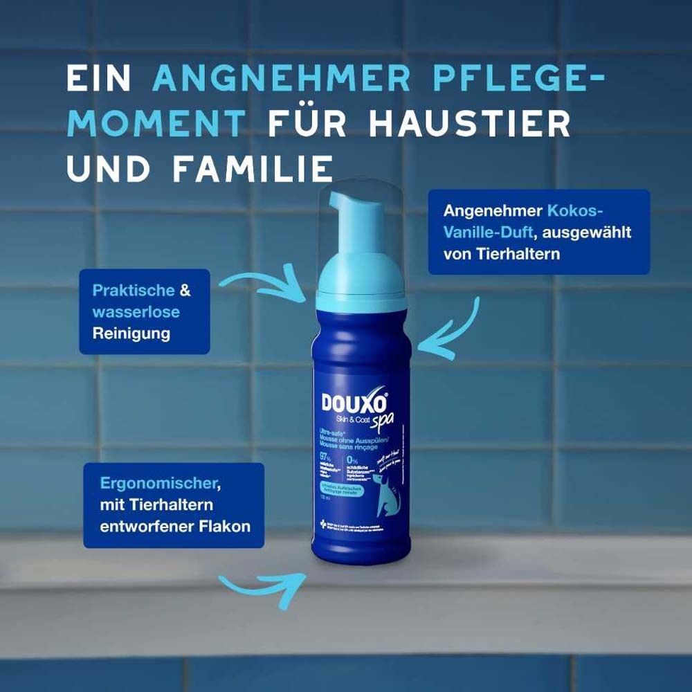 Blau-weiße Flasche DOUXO® SPA Trockenshampoo. Text: Praktische & wasserlose Reinigung. Ergonomischer Flakon. Kokos-Vanille-Duft.