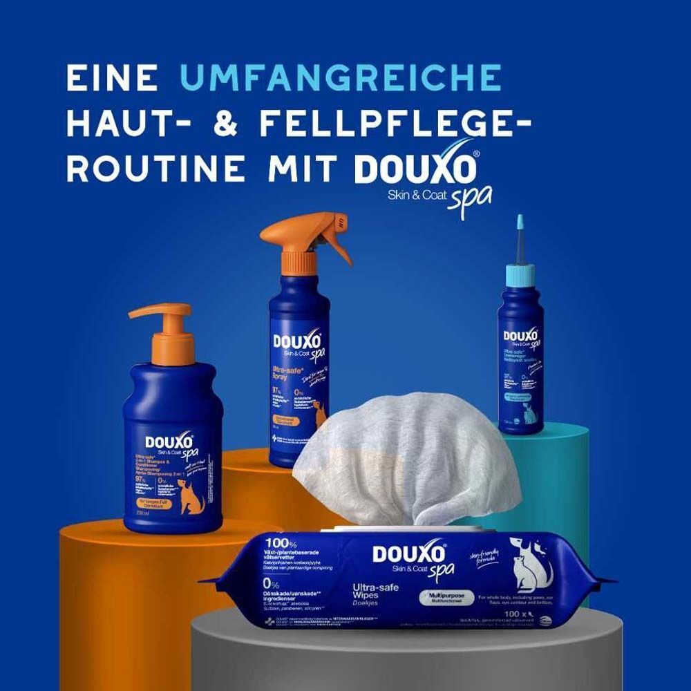Verschiedene DOUXO® SPA Produkte: Flasche, Spray, Tücher. Text: Eine umfangreiche Haut- & Fellpflege-Routine mit DOUXO®.