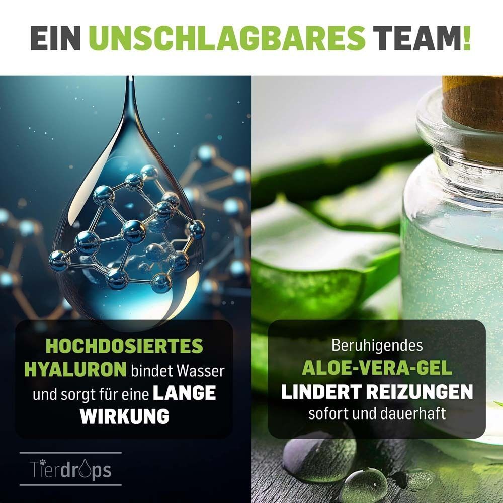 Zwei Tropfen, einer mit Molekülstruktur, einer mit Aloe Vera Gel. Text: Hochdosiertes Hyaluron, beruhigendes Aloe Vera Gel. Tierdrops Logo.