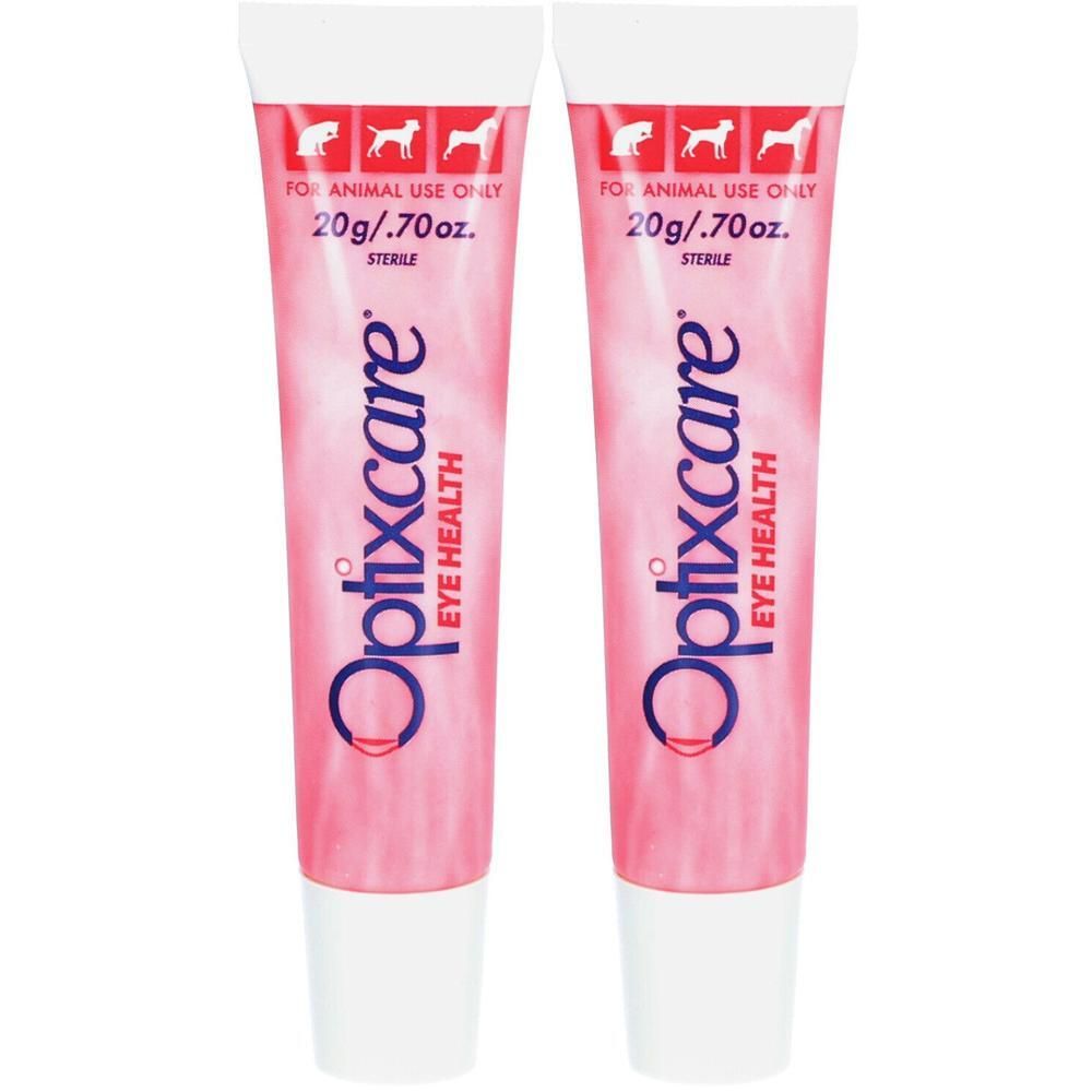 Zwei Tuben Optixcare Eye Health. Rosa Tuben mit weißem Verschluss. Aufschrift: Für den tierärztlichen Gebrauch, 20g/.70oz, steril.
