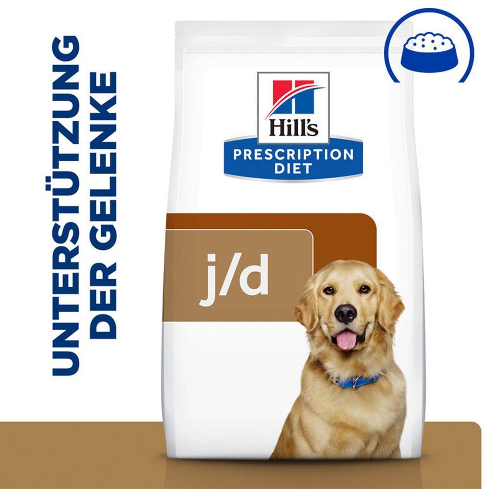 Hill's Prescription Diet j/d Trockenfutter für Hunde. Aufdruck: Unterstützung der Gelenke. Abbildung eines Hundes.