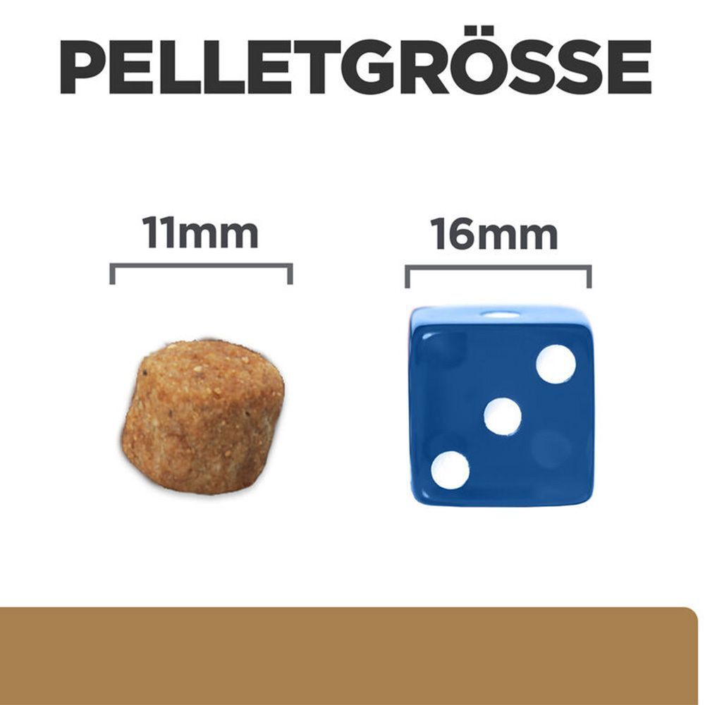 Pelletgrößen-Vergleich: 11mm Pellet und 16mm Würfel. Blaue Würfel mit drei weißen Punkten.