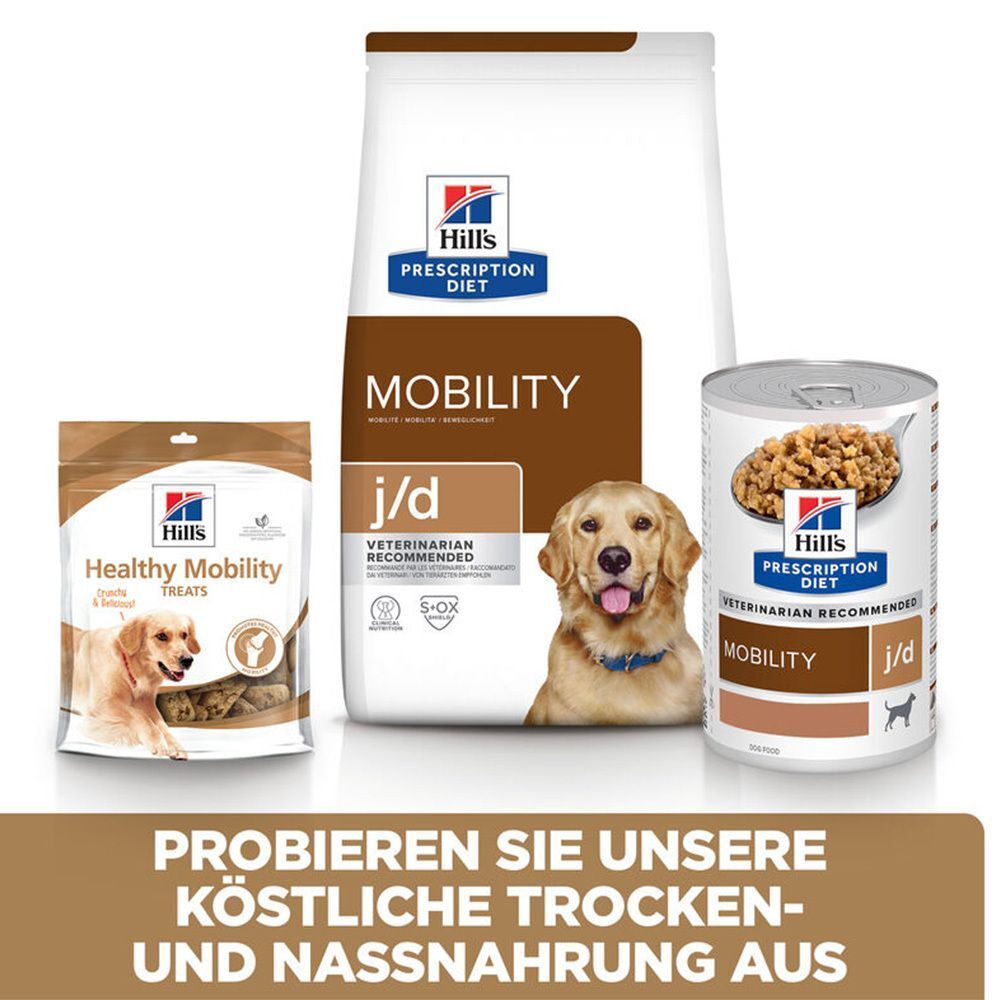 Drei Hill's Produkte: Trockenfutter, Healthy Mobility Treats, Nassnahrung. Text: Probieren Sie unsere köstliche Trocken- und Nassnahrung aus.