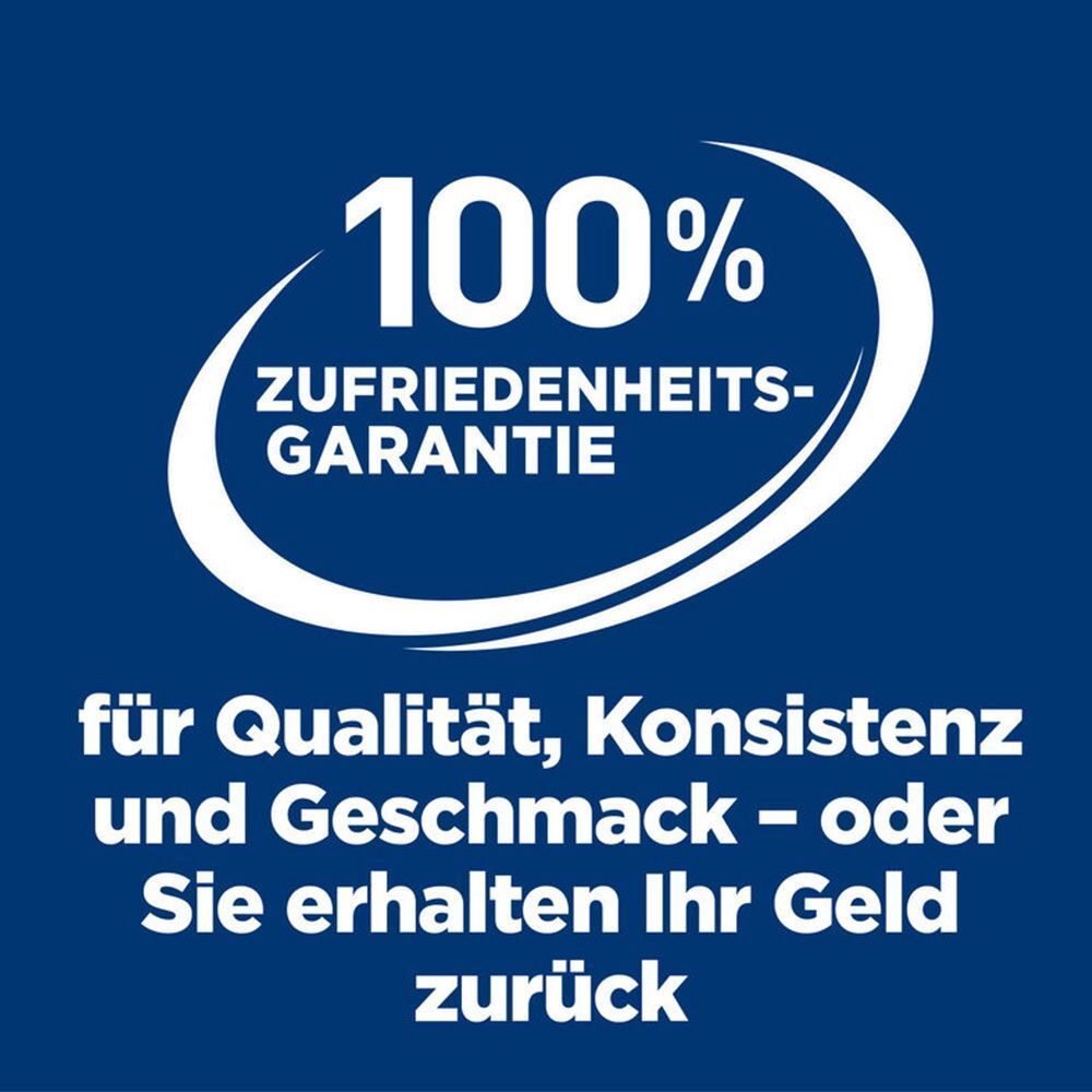 Blauer Hintergrund. Text: 100% Zufriedenheitsgarantie. Für Qualität, Konsistenz und Geschmack - oder Sie erhalten Ihr Geld zurück.