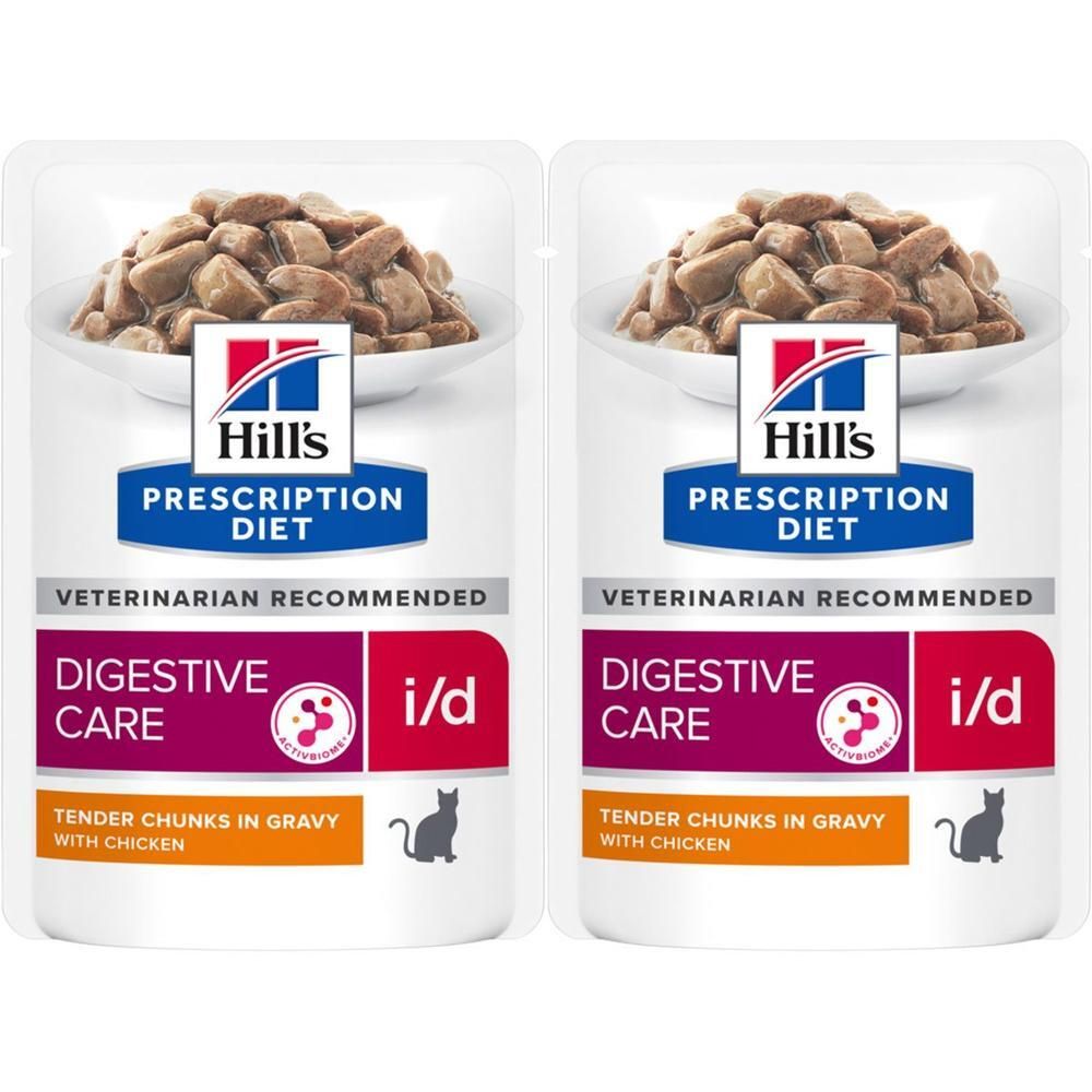 Zwei Beutel Hill's i/d Nassfutter für Katzen. Aufschrift: Digestive Care, i/d, Tender Chunks in Gravy with Chicken.