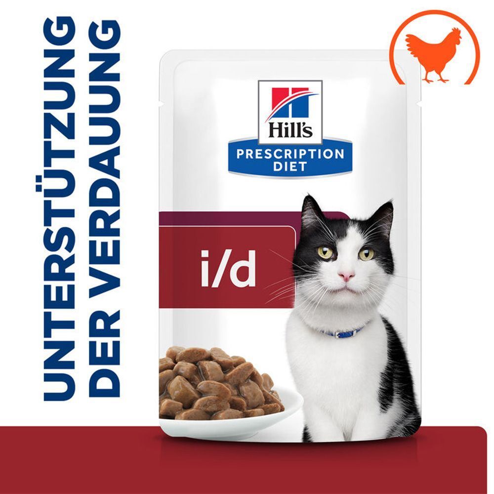Katze vor einer Packung Hill's i/d Nassfutter. Text: Unterstützung der Verdauung. Huhn-Symbol.