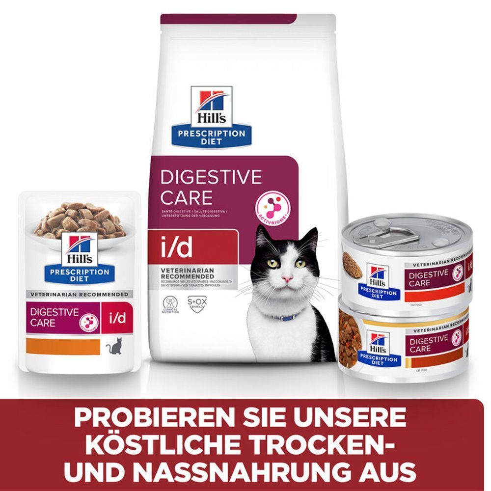 Verschiedene Hill's i/d Produkte: Beutel, Trockenfutter, Dosen. Text: Probieren Sie unsere köstliche Trocken- und Nassnahrung aus.