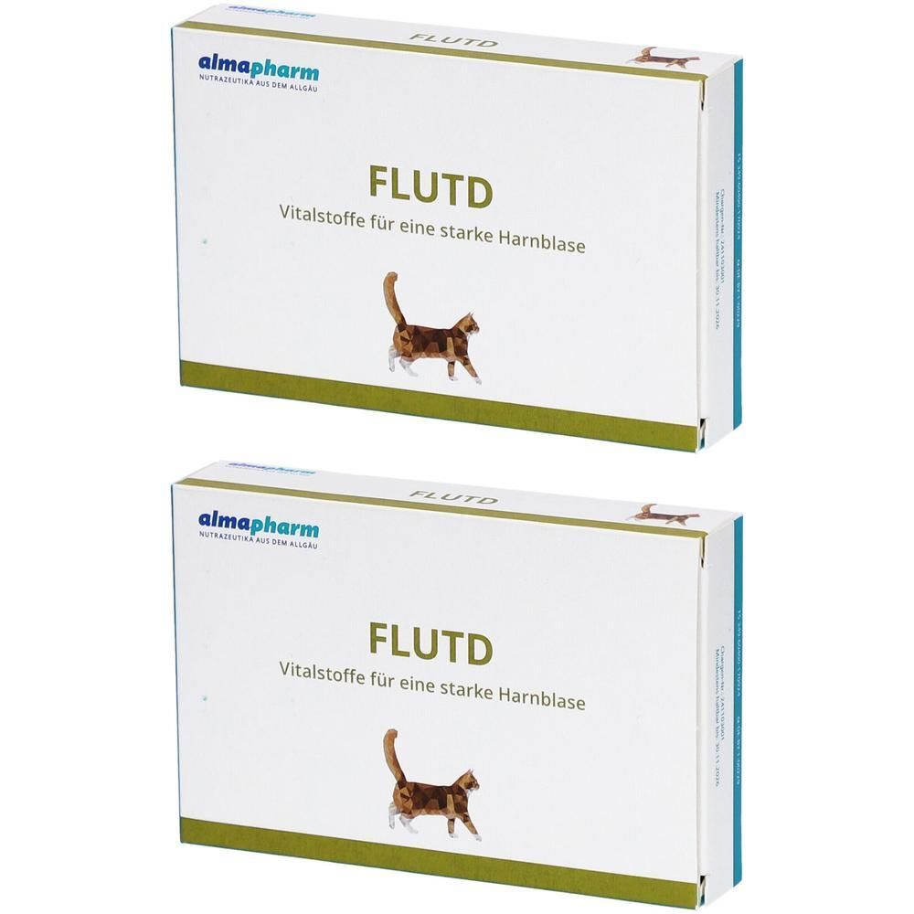 Zwei weiße Kartons mit der Aufschrift "FLUTD". Darunter Text und eine Katze. Marke: almapharm.
