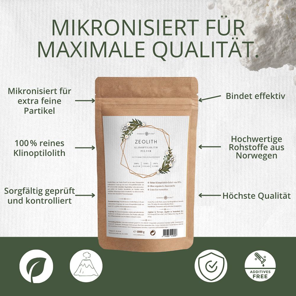 Eine Pouch-Verpackung Zeolith Klinoptilolith Pulver mit Pfeilen, die auf Merkmale wie 'extra feine Partikel' und 'hochwertige Rohstoffe' zeigen.