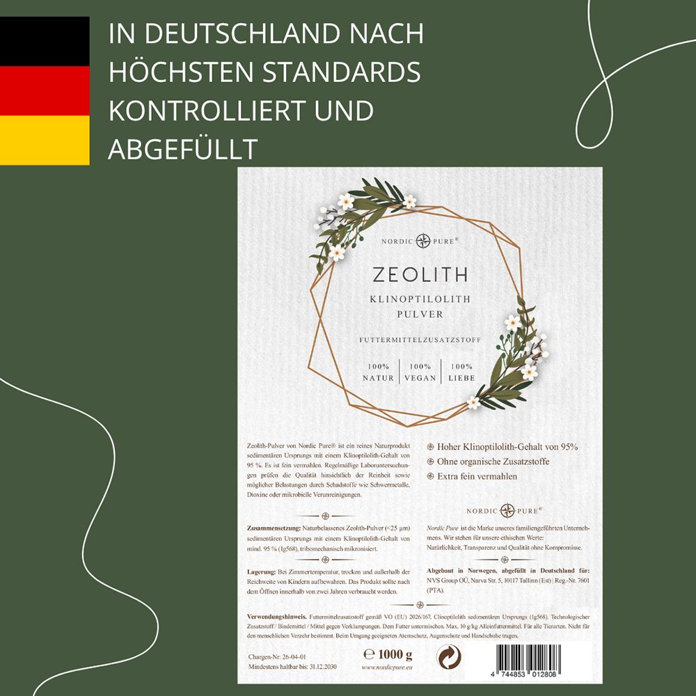 Nahaufnahme einer Pouch-Verpackung Zeolith Klinoptilolith Pulver. Deutsche Flagge und Text über Qualitätskontrollen.