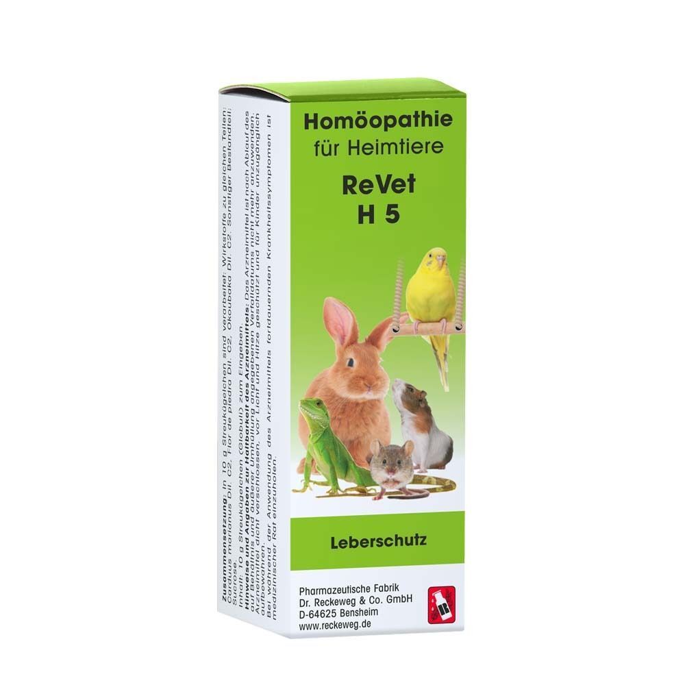 Eine Packung ReVet H 5 Globuli für Heimtiere mit Abbildung von Tieren.