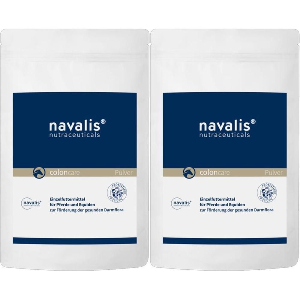 Zwei weiße Beutel mit blauem Etikett. Aufschrift: navalis nutraceuticals, coloncare, Pulver. Einzel-Futtermittel für Pferde.