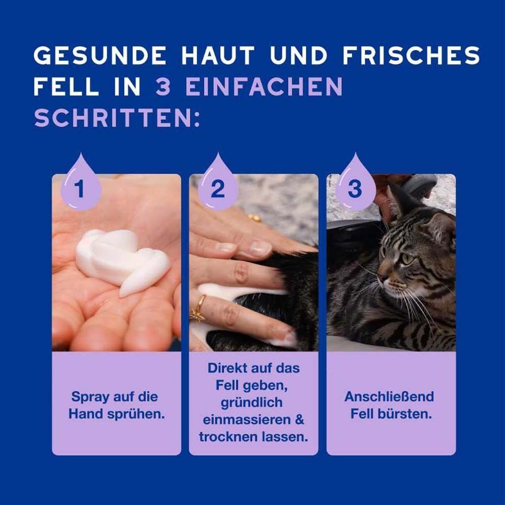 Drei Bilder zeigen die Anwendung. 1. Spray auf die Hand. 2. Direkt einmassieren. 3. Fell bürsten.
