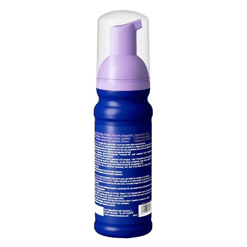 Blaue Flasche mit lila Pumpaufsatz. Rückseite mit Text. Text: Inhaltsstoffe, Anwendungshinweise, Hersteller.