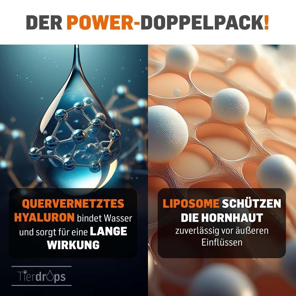 Grafik: Tropfen mit Hyaluron und Liposomen. Text: Quervernetztes Hyaluron bindet Wasser, Liposomen schützen die Hornhaut. Marke Tierdrops.