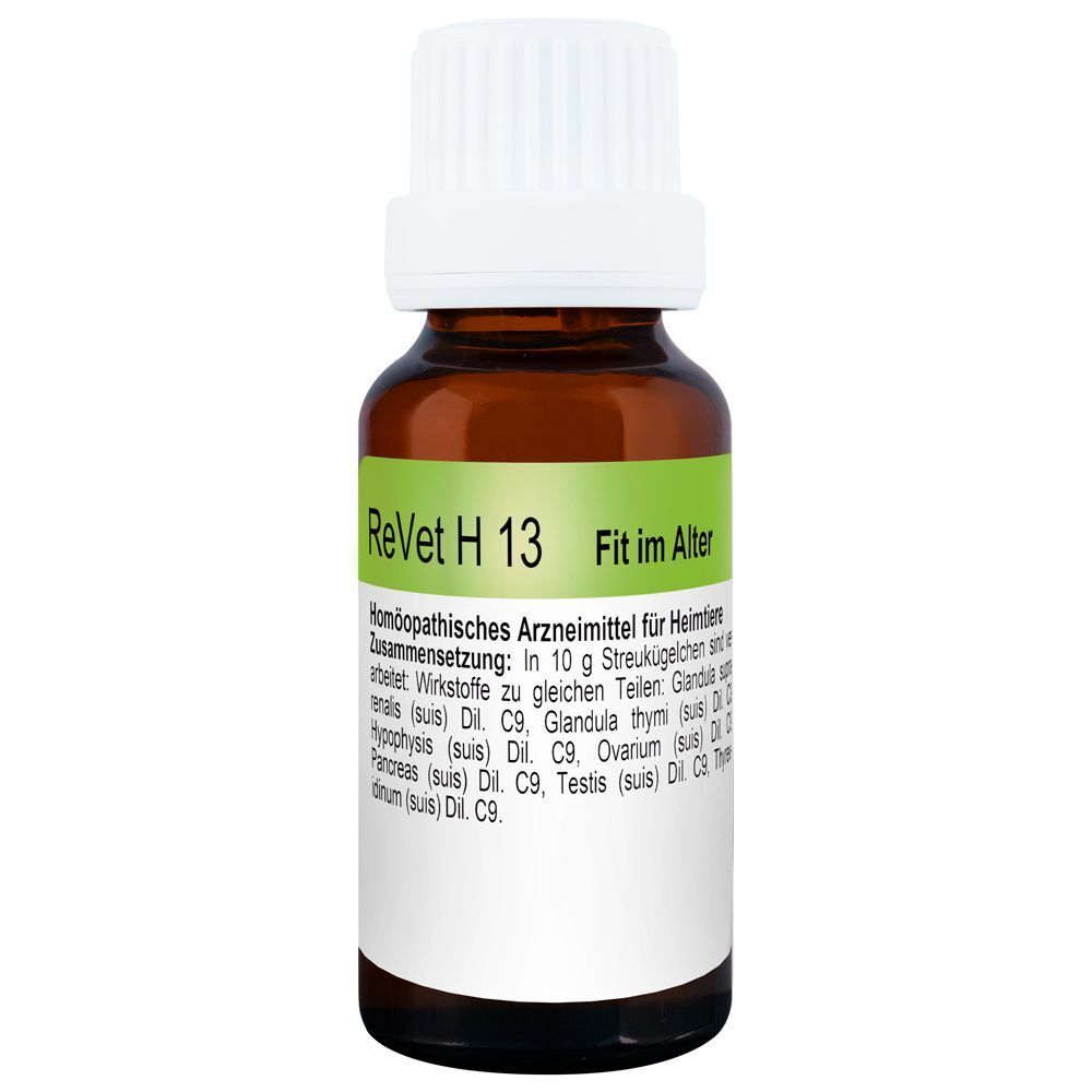 Eine Flasche ReVet H 13 Globuli für Heimtiere mit Etikett, das Zusammensetzung und Anwendung beschreibt.