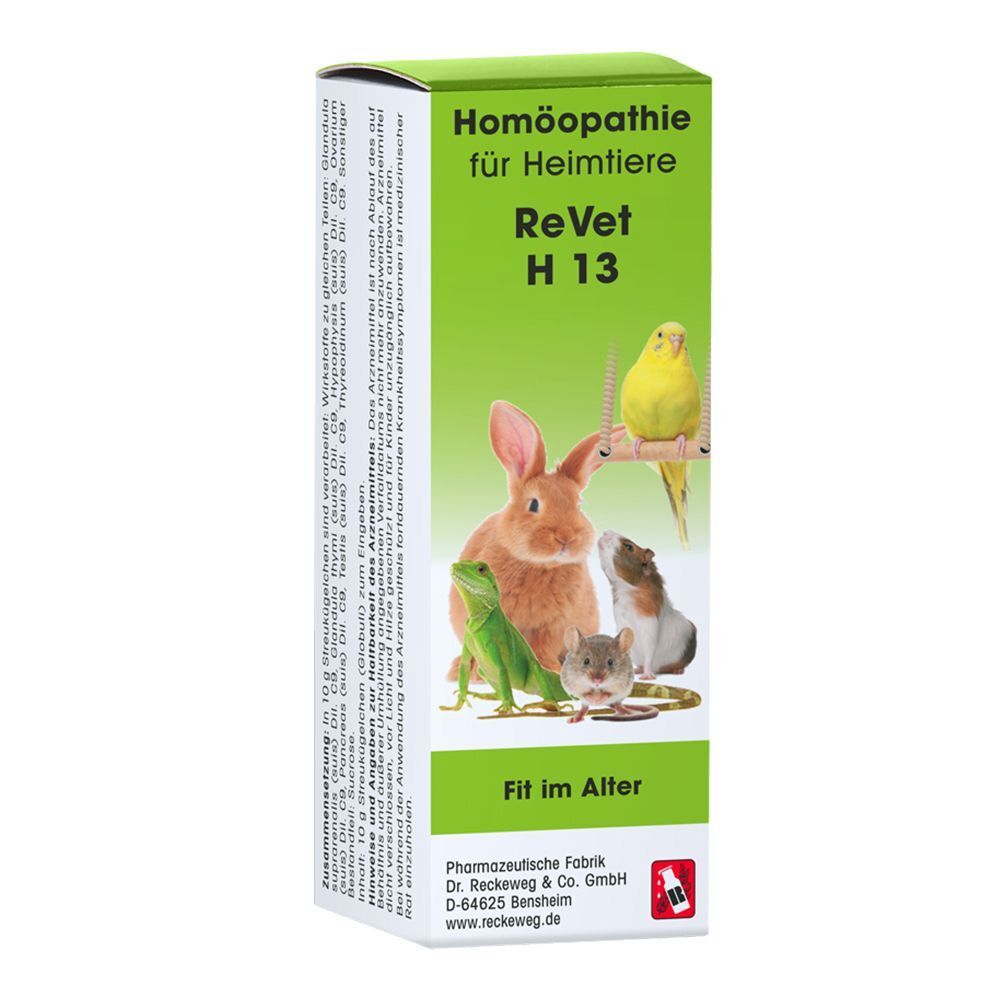 Eine Packung ReVet H 13 Globuli für Heimtiere mit Illustrationen von Kaninchen, Meerschweinchen und Vogel.