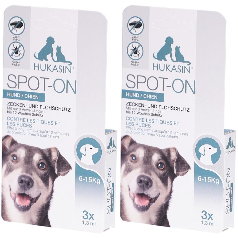 Zwei Packungen HUKASIN SPOT-ON für Hunde. Weiße Verpackung mit Produktnamen, Hundefoto und Angaben zu Zecken- und Flohschutz.