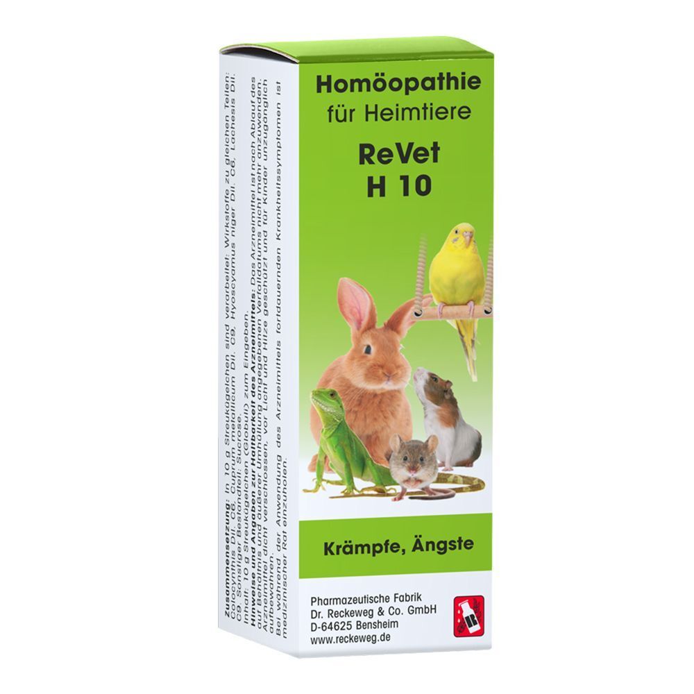 ReVet H 10 Globuli-Packung für Heimtiere mit Abbildungen von Kaninchen, Meerschweinchen, Hamster, Wellensittich und Eidechse.