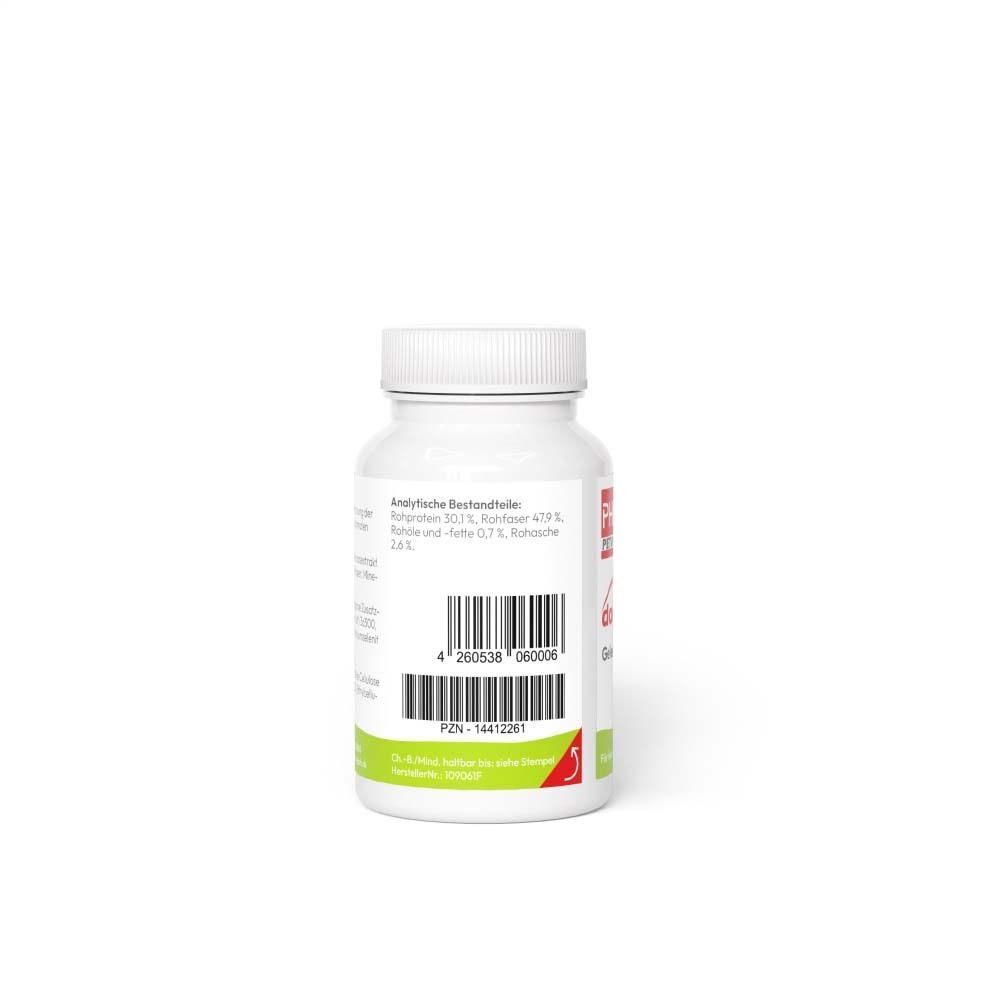 Weiße Flasche mit Etikett. Text: Analytische Bestandteile, Barcode und PZN-Nummer.