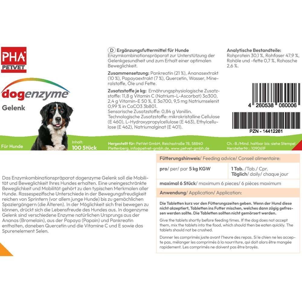 Etikett mit Text: Ergänzungsfuttermittel für Hunde. Produktname: DOGENZYME Gelenk. Inhaltsstoffe und Anwendung.