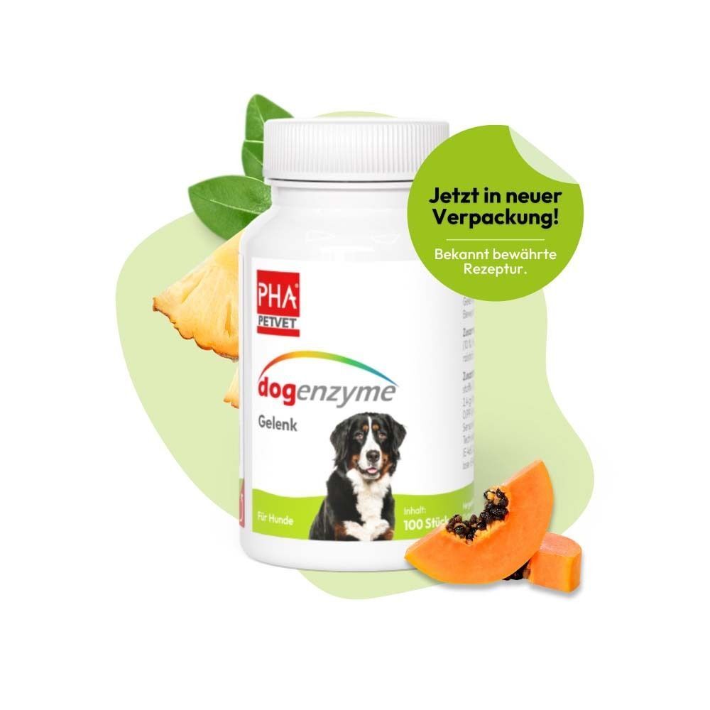 Weiße Flasche mit Etikett. Text: DOGENZYME Gelenk. Abbildung eines Hundes. Aufkleber: Neue Verpackung.