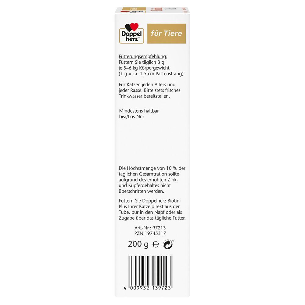 Seite der Verpackung von DOPPELHERZ für Tiere Biotin Plus Paste f.Katzen. Text mit Fütterungsempfehlung und Haltbarkeitsdatum.