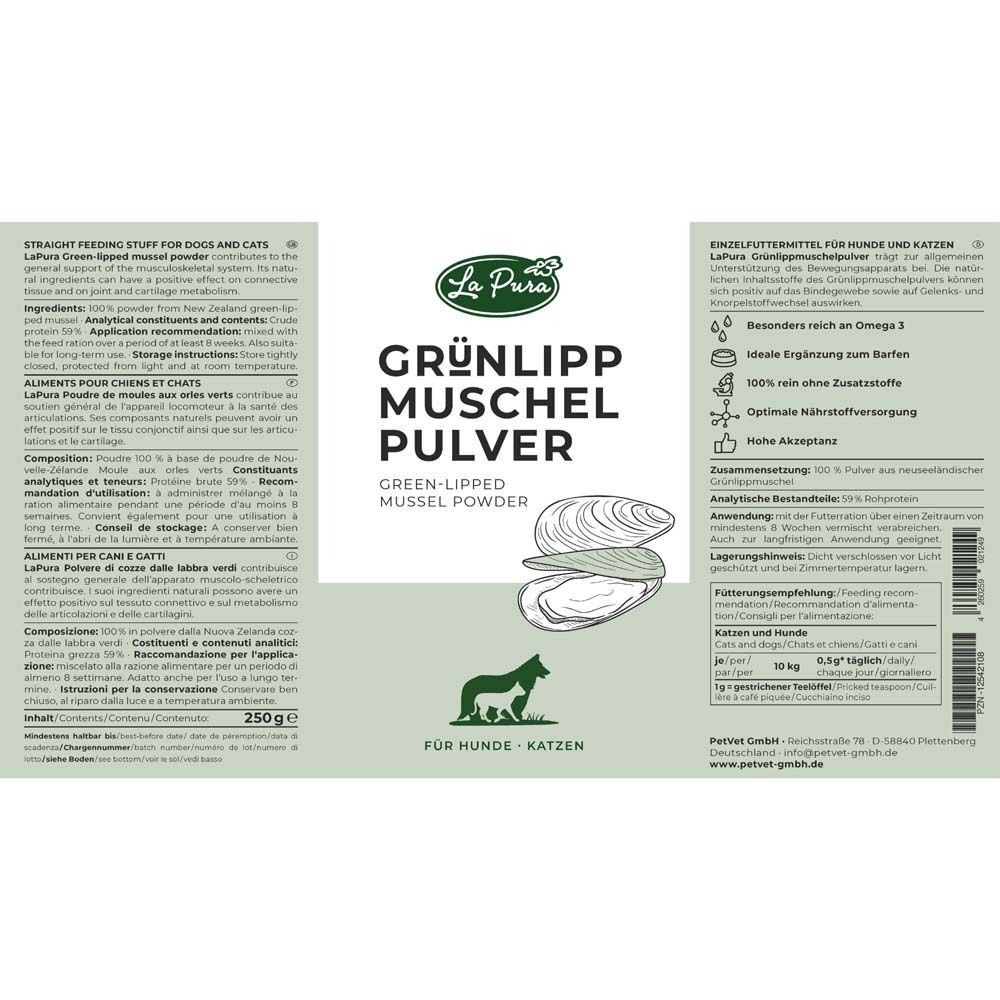 Etikett Grünlippmuschelpulver. Text in Deutsch, Französisch und Italienisch. Enthält Inhaltsstoffe, Anwendungsempfehlung, 250g.