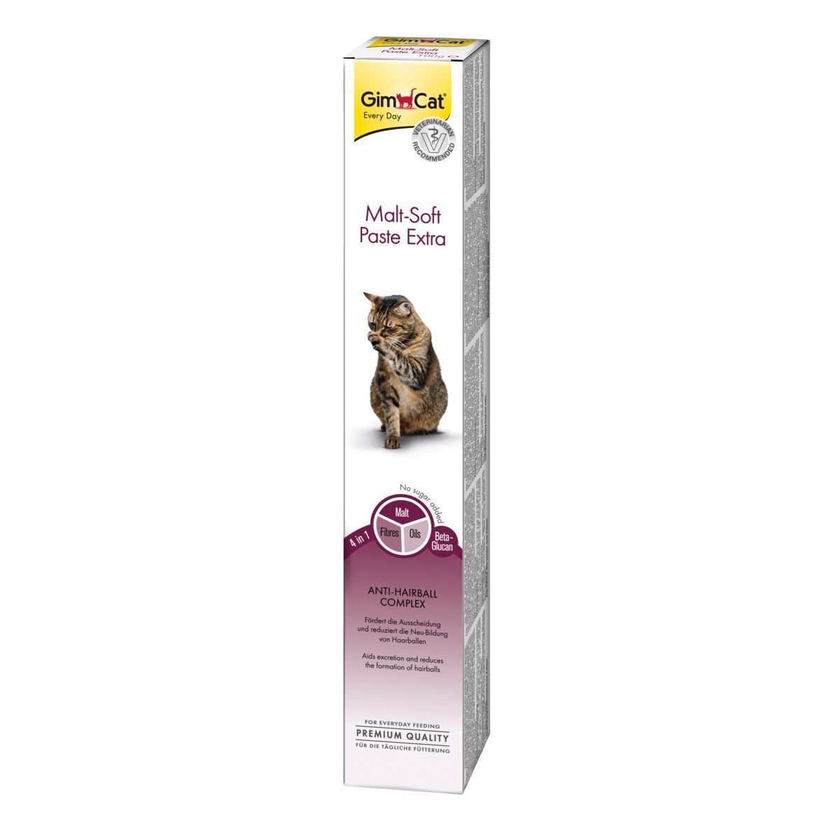 Kartonverpackung mit Tube 'Malt-Soft Paste Extra'. Katze abgebildet. Enthält Malt, Fasern, Öle und Beta-Glucan. Text: Anti-Haarball-Komplex.