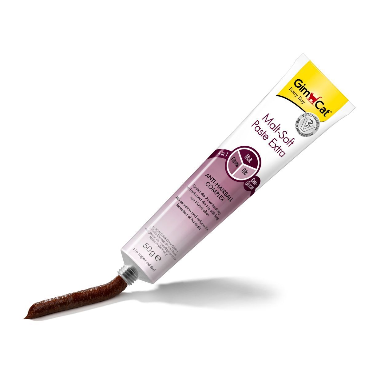 Tube 'Malt-Soft Paste Extra'. Paste wird herausgedrückt. Enthält Malt, Fasern, Öle und Beta-Glucan. 50g. Weißer Hintergrund.