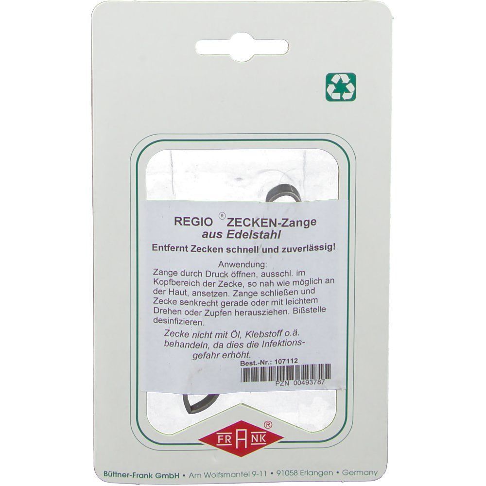 Rückseite der Blisterverpackung. Zeckenzange aus Edelstahl. Text: REGIO® Zecken-Zange. Gebrauchsanweisung und FRANK® Logo.