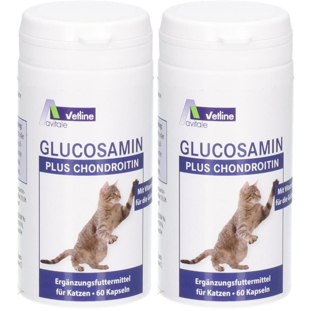 Zwei weiße Dosen mit Deckel. Aufschrift: GLUCOSAMIN PLUS CHONDROITIN. Logo: Vetline avitale. Abbildung einer Katze. Ergänzungsfuttermittel für Katzen.