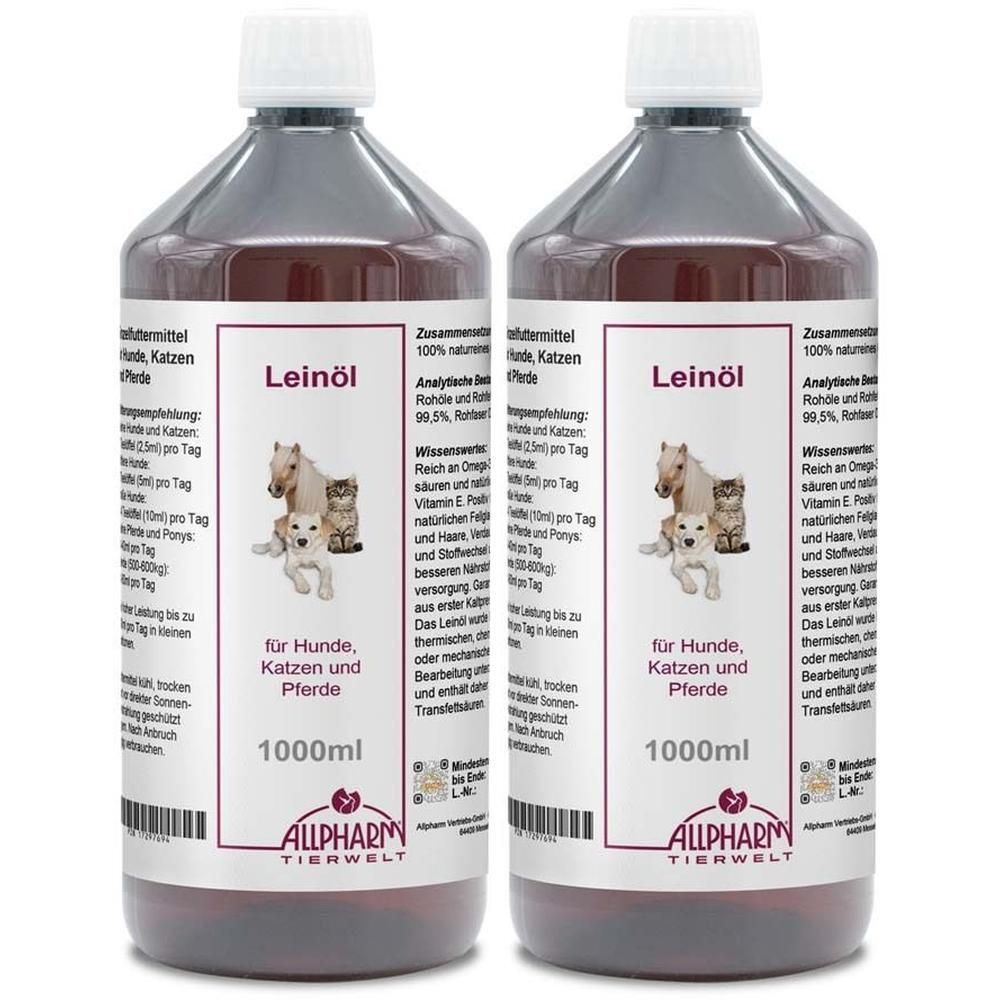 Zwei Flaschen Leinöl. Etikett mit Produktname, Illustrationen von Tieren und Text. 1000ml Flaschen.