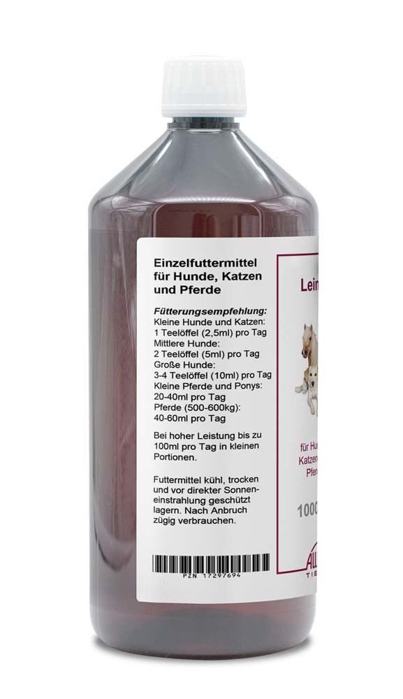 Leinöl-Flasche. Etikett mit Produktinformationen, Dosierungsempfehlungen und Illustrationen. 1000ml Flasche.