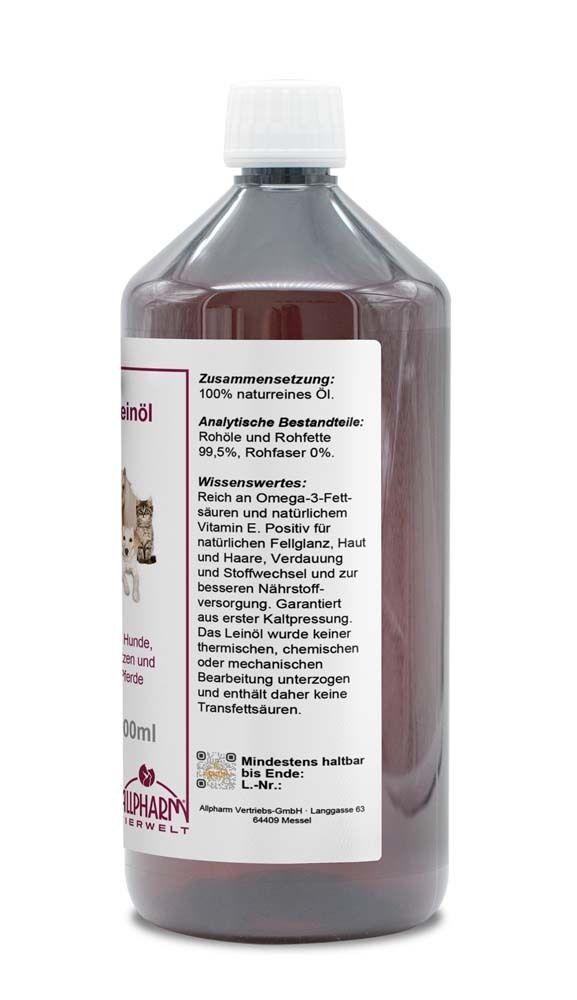 Leinöl-Flasche. Etikett mit Inhaltsstoffen, Analyse und Nährwertangaben. 1000ml Flasche.