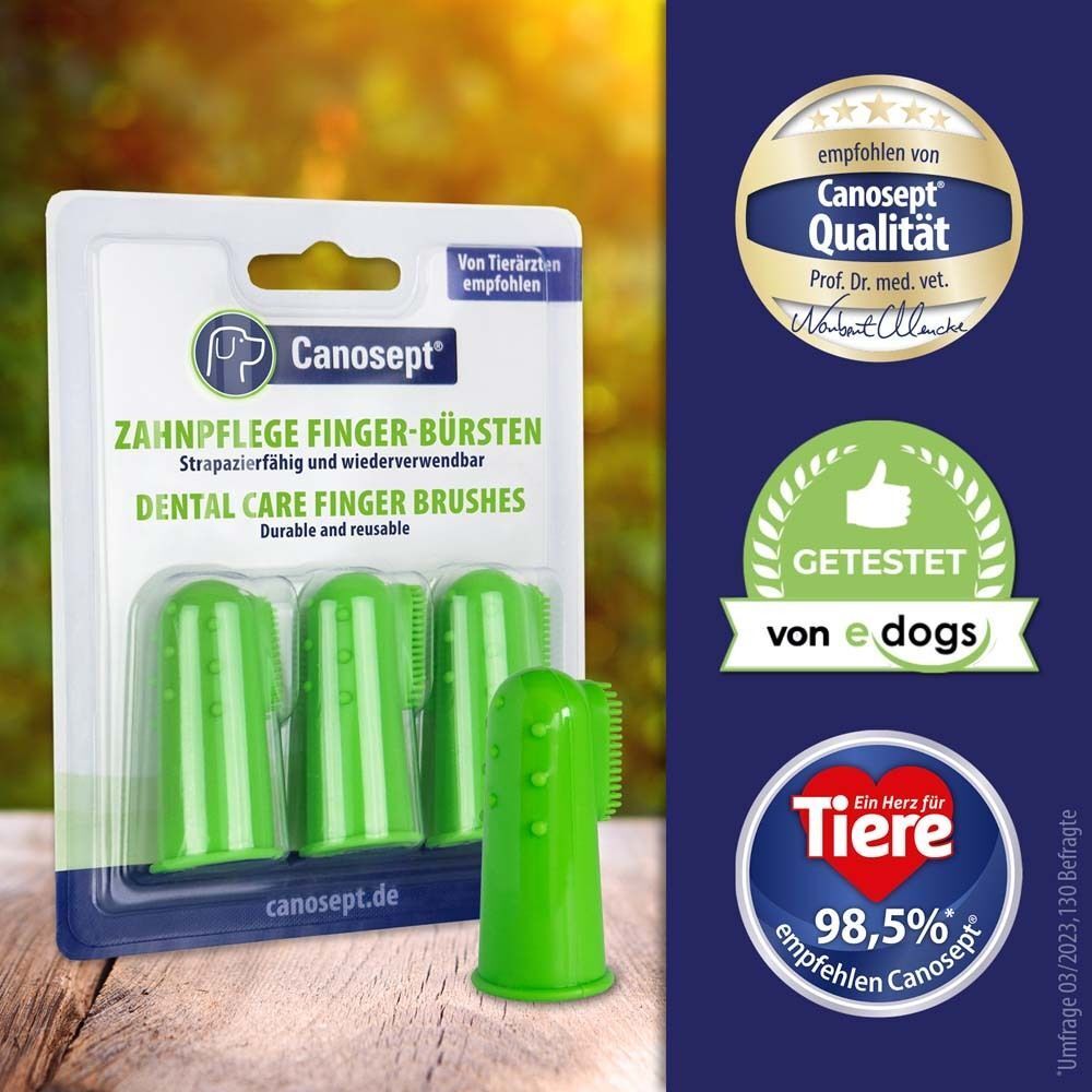 Verpackung Finger-Bürsten. Grüne Bürsten. Text: Zahnpflege Finger-Bürsten. Empfehlungen und Logos.