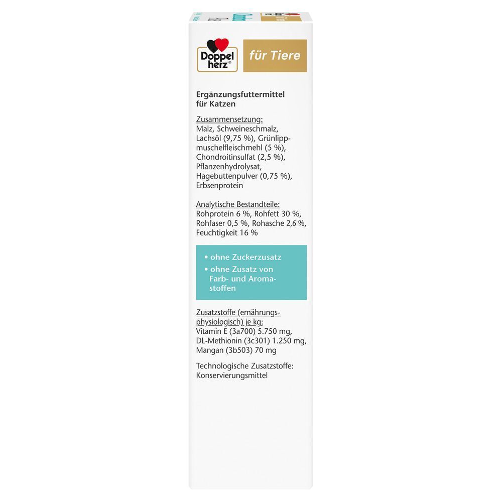 Verpackung. Aufschrift: Doppelherz für Tiere. Auflistung von Inhaltsstoffen. Text in deutscher Sprache.