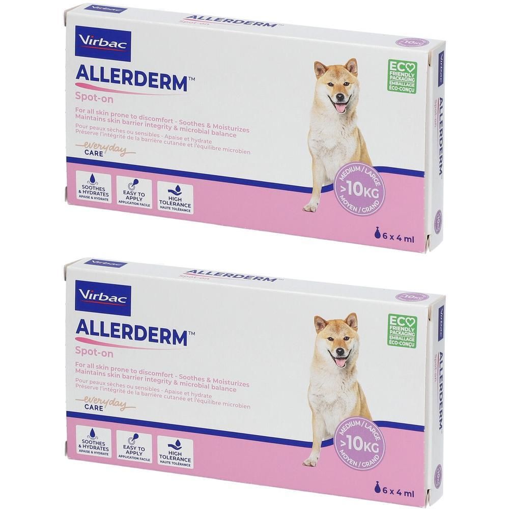 Zwei Packungen ALLERDERM Spot-on. Aufdruck: Virbac, Hund, ECO-Logo, >10KG, 6x4ml. Rosa und weiße Verpackung.