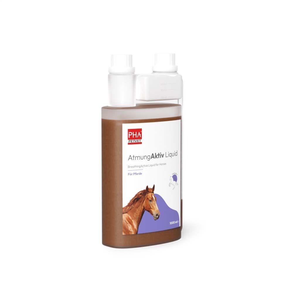 Flasche PHA AtmungAktiv Liquid f.Pferde. Braune Flasche mit weißem Verschluss. Aufdruck mit Pferd und Produktname.