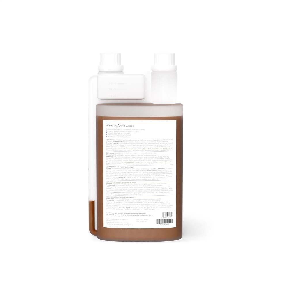 Rückseite der Flasche PHA AtmungAktiv Liquid f.Pferde. Braune Flasche mit weißem Verschluss. Textinformationen.