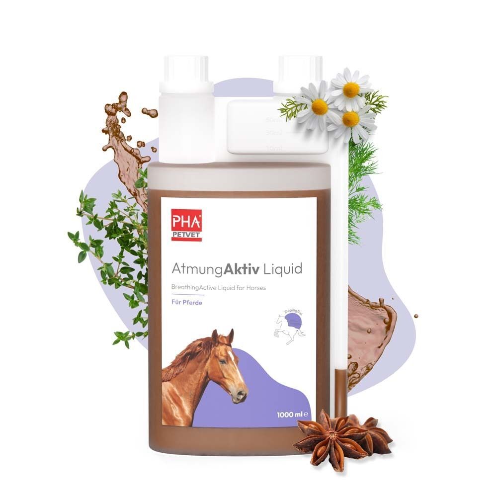 Flasche PHA AtmungAktiv Liquid f.Pferde mit Kräutern und Sternanis. Braune Flasche mit weißem Verschluss.