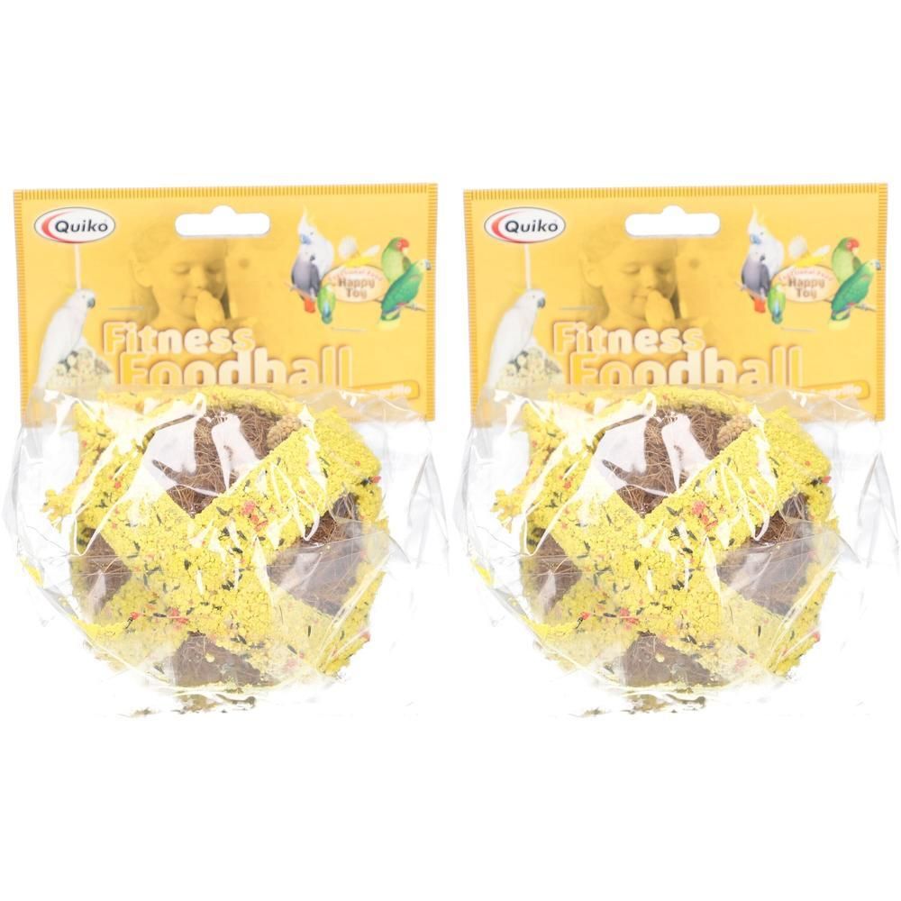 Zwei Fitness Foodball-Verpackungen. Gelbe Verpackung mit Produktnamen und Logo. Die Bälle sind in Folie verpackt.
