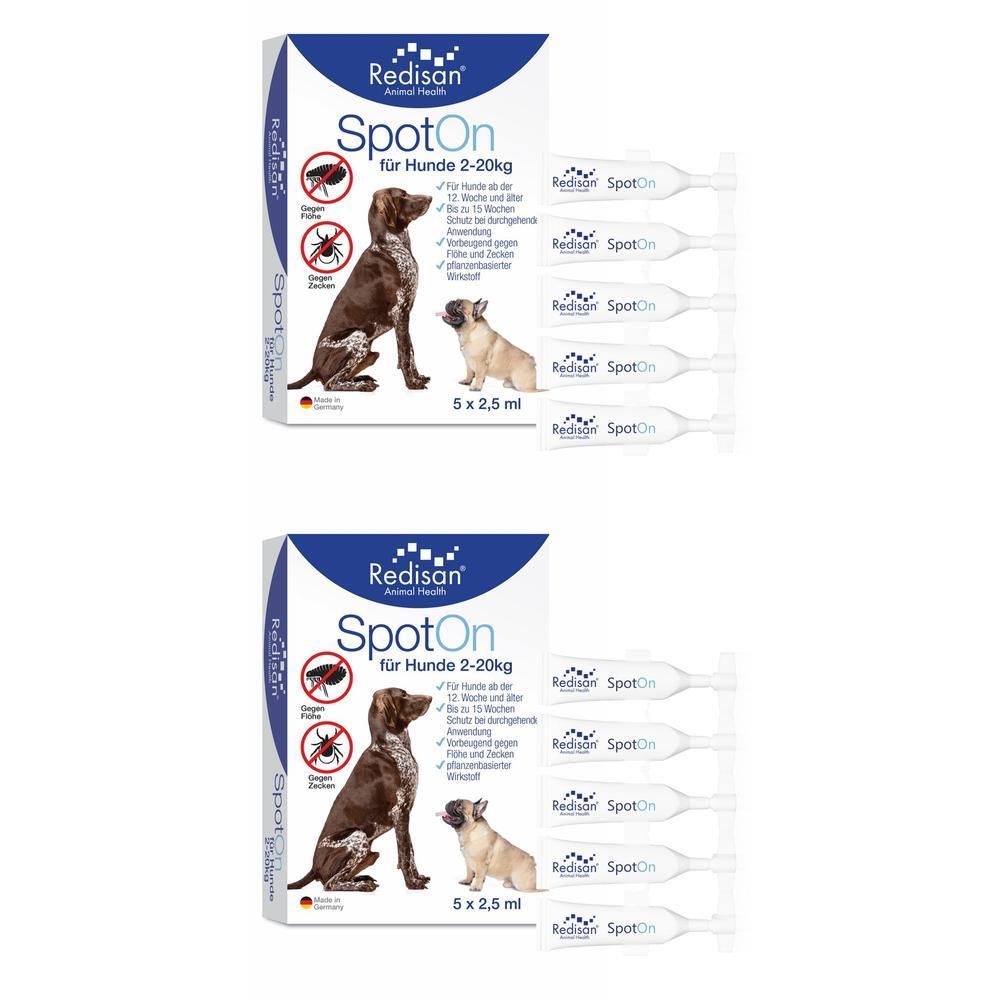 Packung mit Spot On für Hunde. Enthält 5 x 2,5 ml Ampullen. Abbildung von Hunden und Zecken.