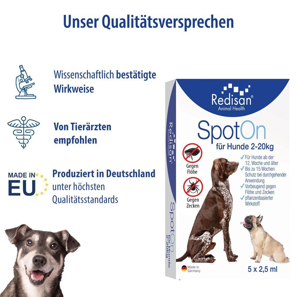 Packung Spot On für Hunde. Text: Für Hunde 2-20kg. Illustrationen von Hunden und Zecken. Made in EU.