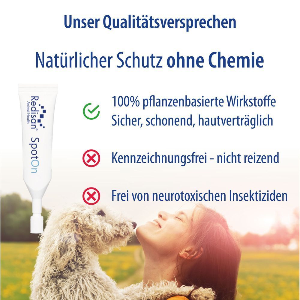 Spot On Tube. Text: 100% pflanzenbasierte Wirkstoffe. Illustration einer Frau mit Hund.
