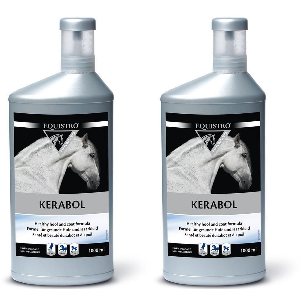 Zwei graue Flaschen mit Produktetiketten. Aufschrift: EQUISTRO, KERABOL, Formel für gesunde Hufe und Haarkleid. 1000 ml.