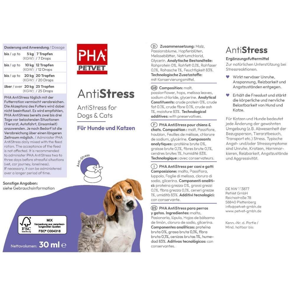Verpackung von PHA AntiStress mit Produktinformationen, Logo, Produktname, Abbildung von Hund und Katze, und 30 ml.